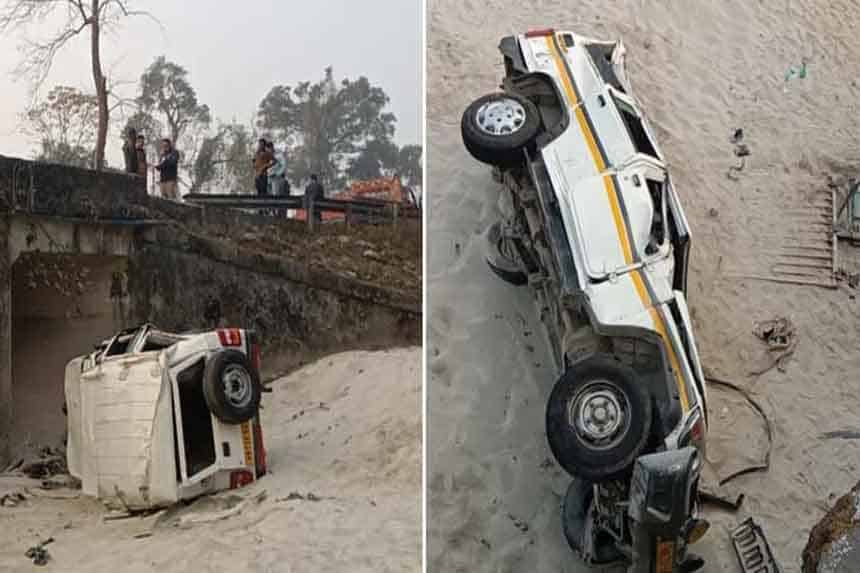 Groom's car returning from marriage falls into river