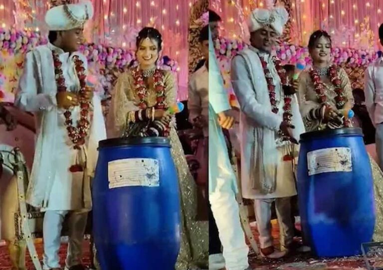 Friends gifted a blue drum to the bride and groom at their wedding, causing a stir as soon as they saw it